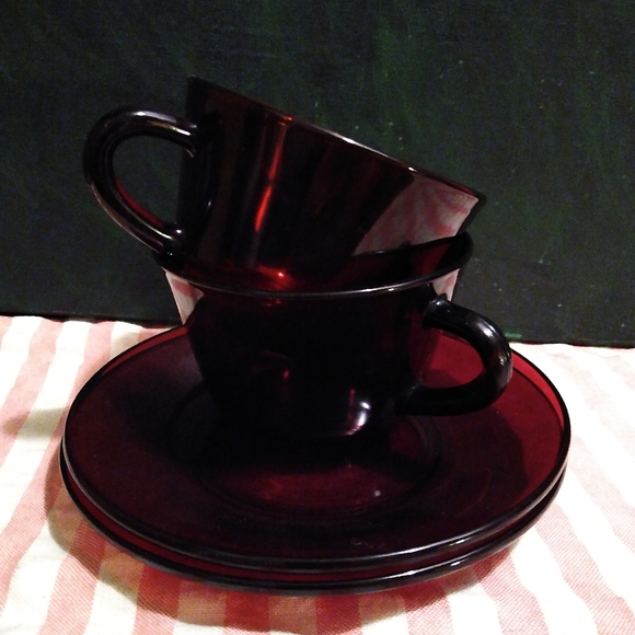 Vintage Ruby Blood Red Glass Cup Saucer Set Tea Coffee Anchor Hocking Cafecore - Picture 8 of 10